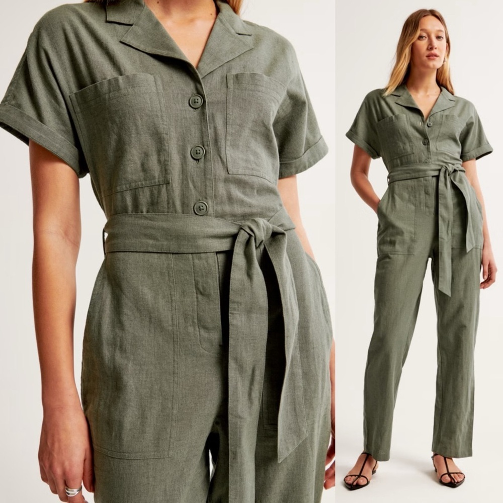 Abercrombie & Fitch Linen-Blend Utility Boiler Suit Jumpsuit Olive Green XS Tall - Picture 2 of 15